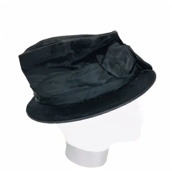 Antique Victorian Edwardian 1900s Black Velvet Wire Frame Slouchy Bow Top Hat